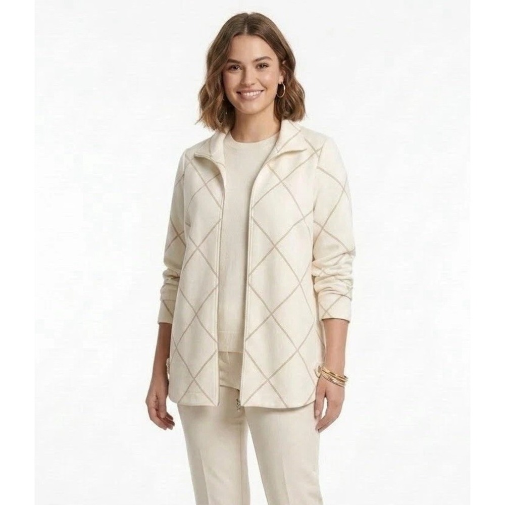Chico's Size 3 (XL 16/18) Windowpane Zip Jacket Cream Taupe EUC Quiet‎ Luxury